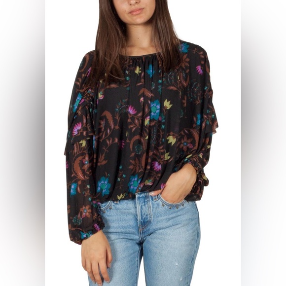 Free People Tops - FREE PEOPLE Black Wildflower Honey Floral Stretch Mesh Blouson Ruffle Top